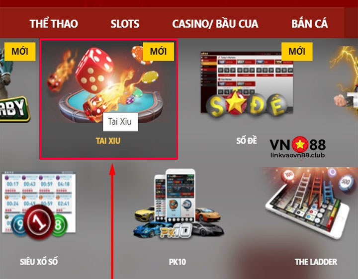 Nhấn chọn tài xỉu trong mục xổ số vn88